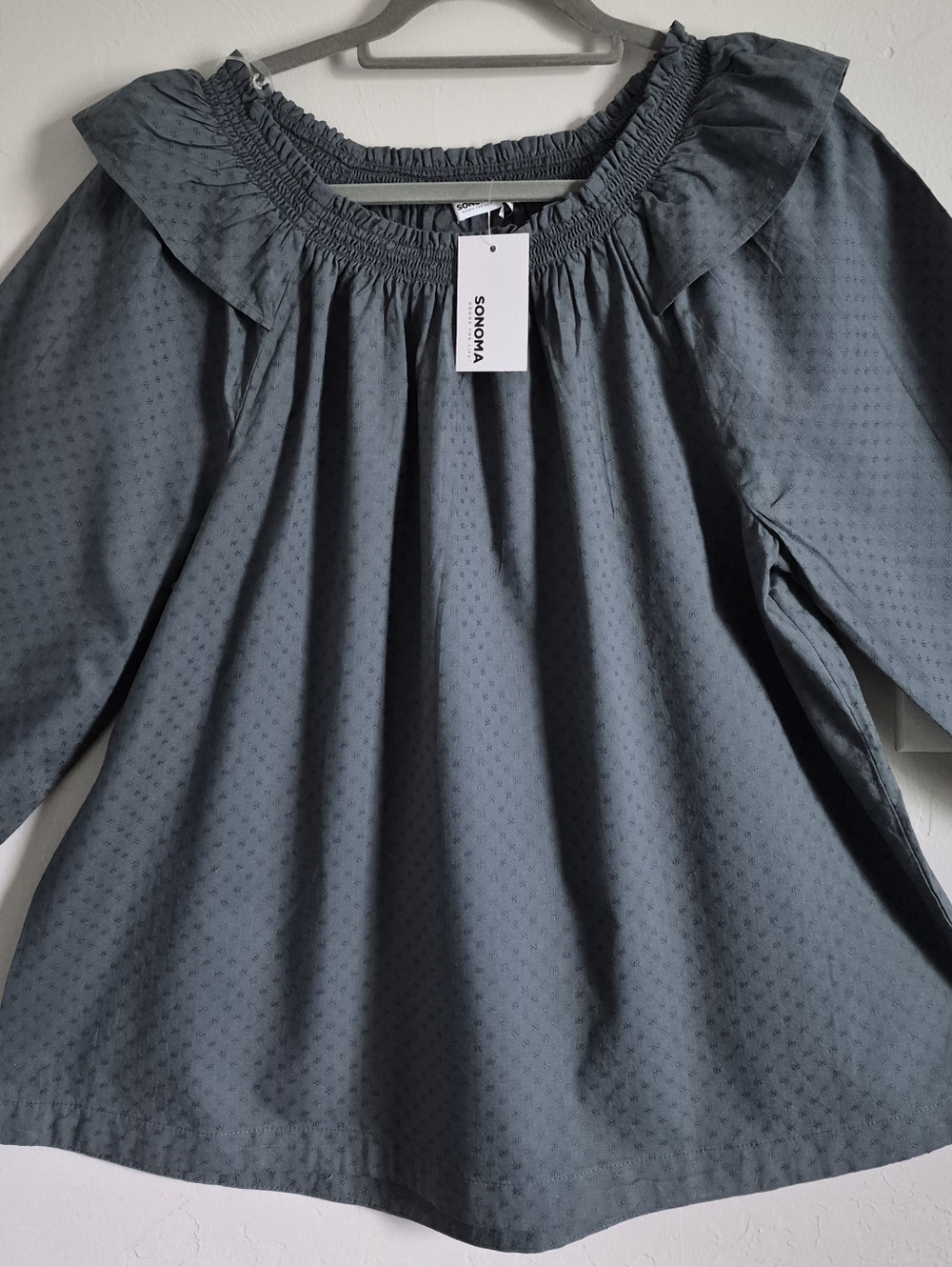 Sonoma Mute Olive Green Smocked Ruffle-Neck Blouse